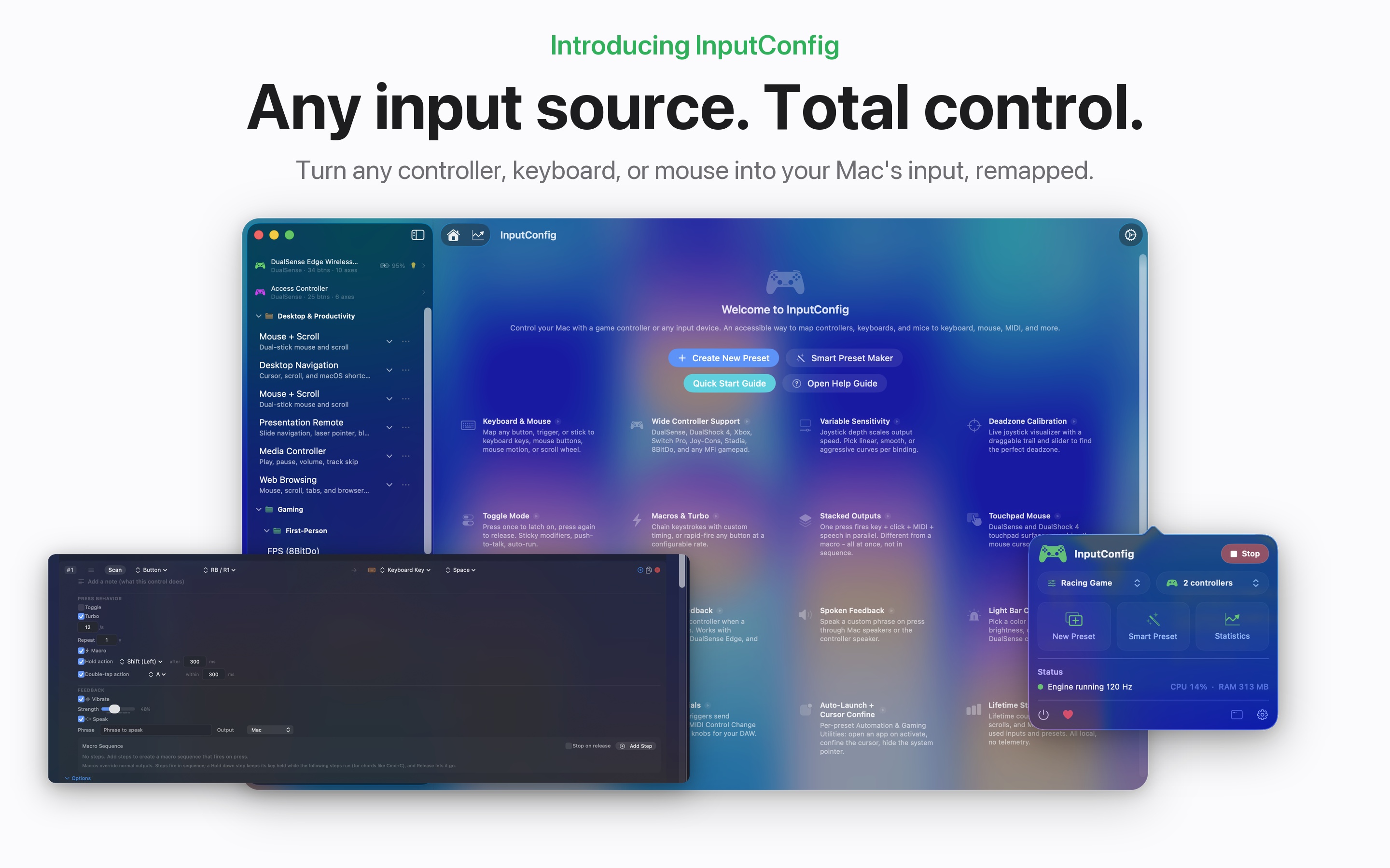 InputConfig on macOS under the headline Any input source, total control.