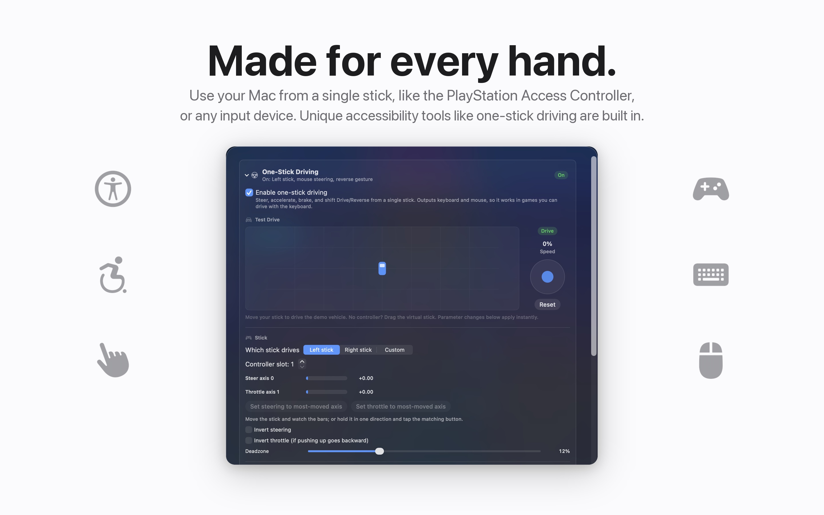 InputConfig driving a Mac from a single joystick, with the PlayStation Access Controller listed as a supported device.
