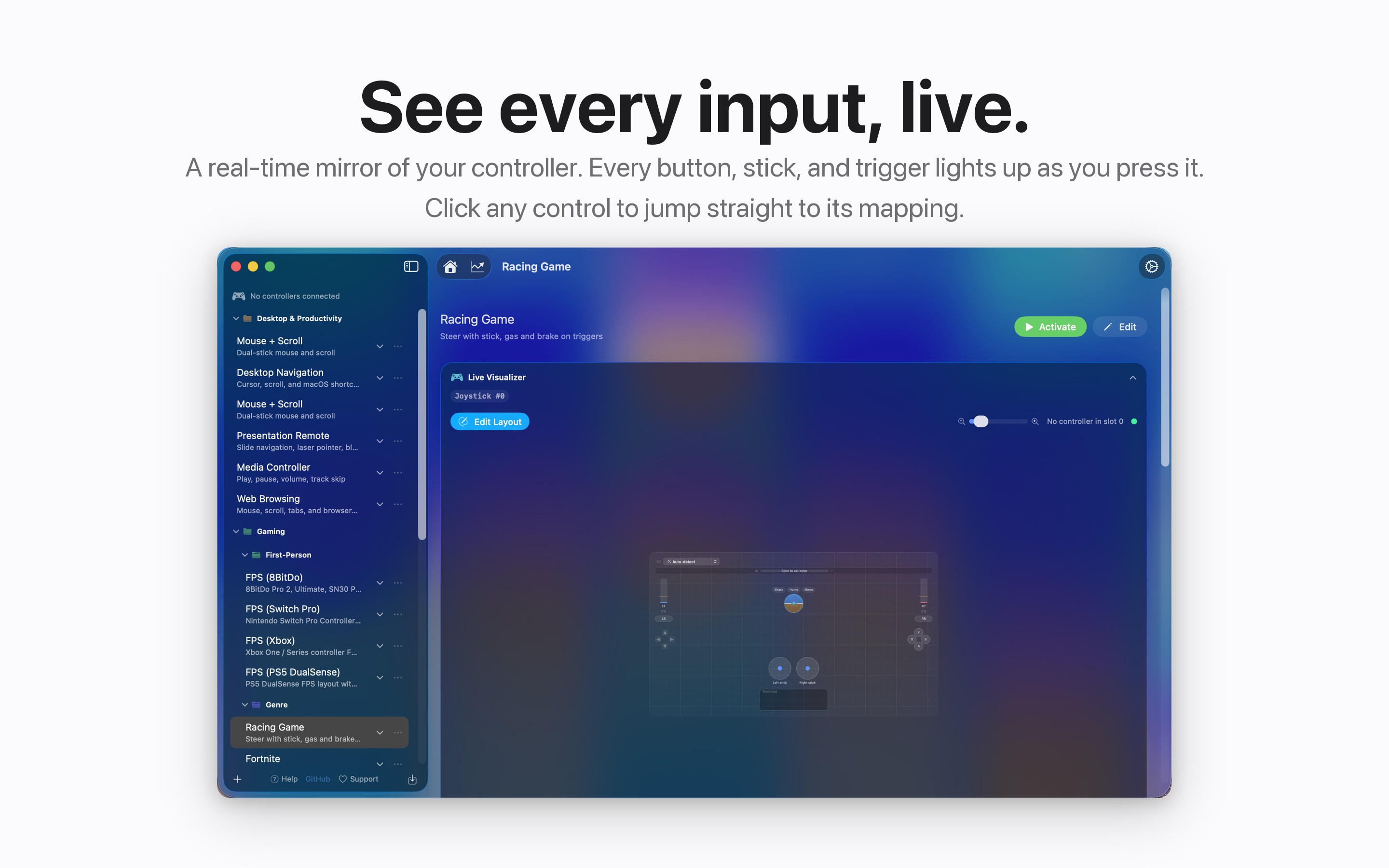 The InputConfig live visualizer showing a controller map with every input lighting up in real time.