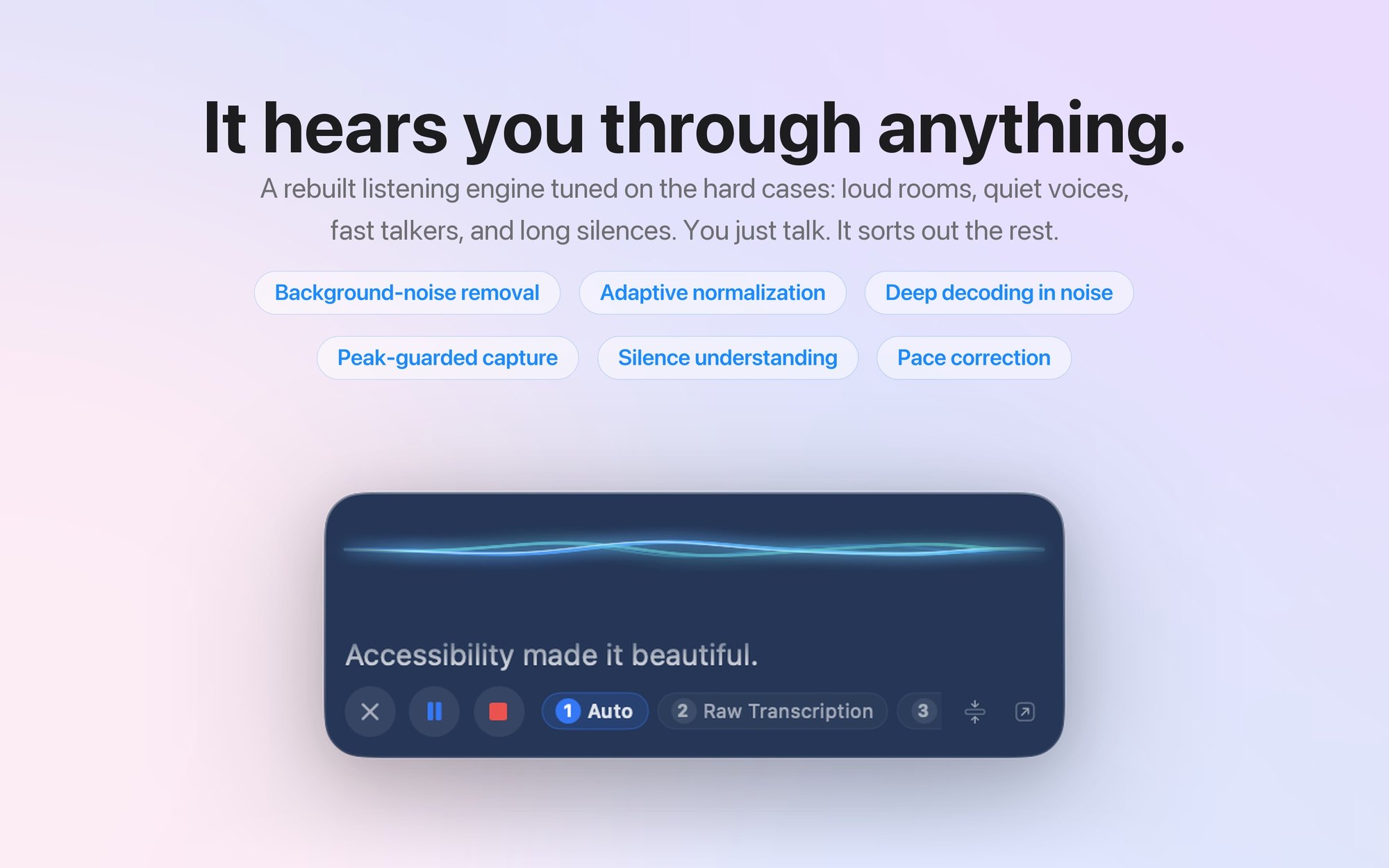 The YapToText listening engine view showing the live audio visualizer responding to speech.