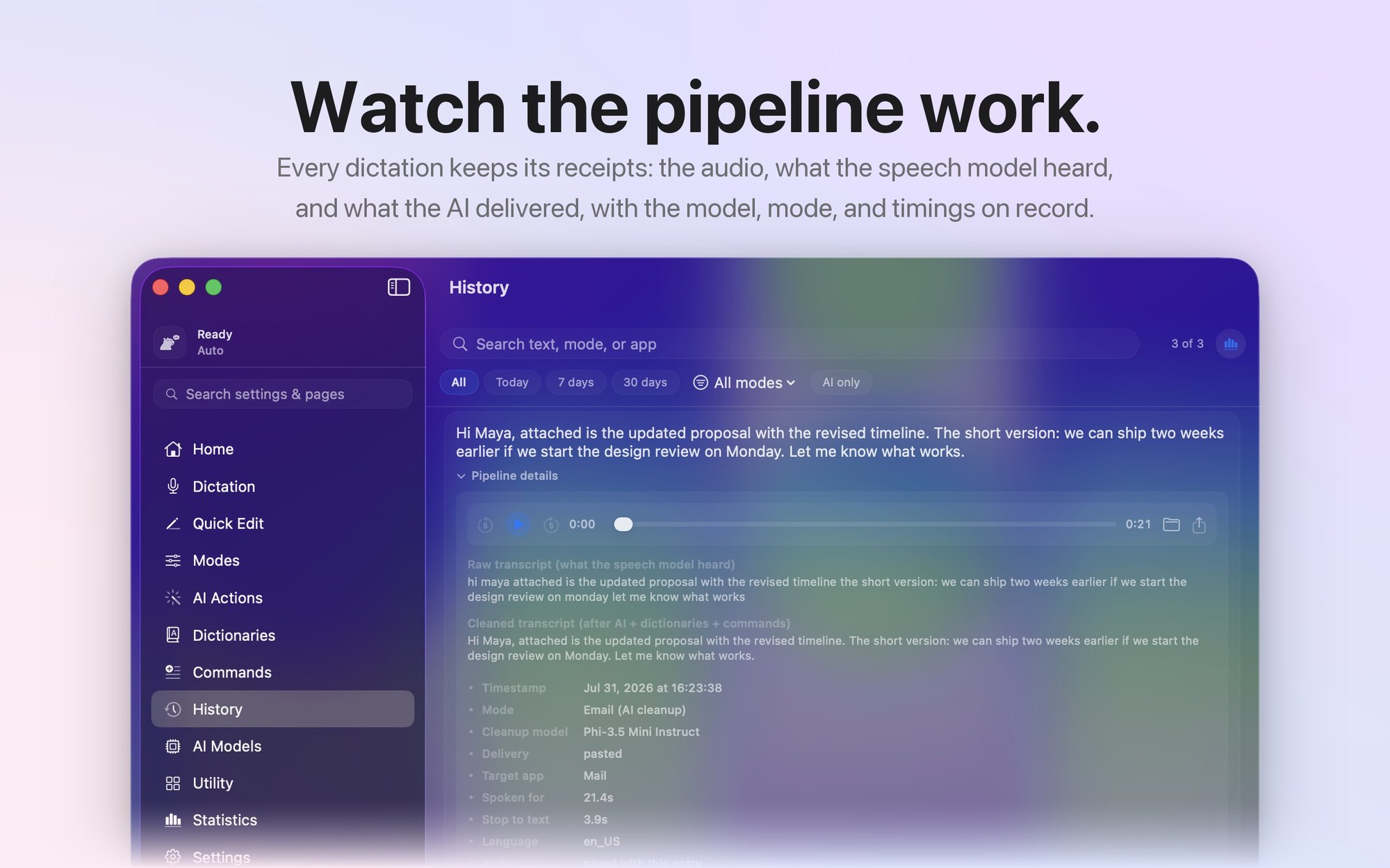 A YapToText pipeline running live, showing the transcript being processed.